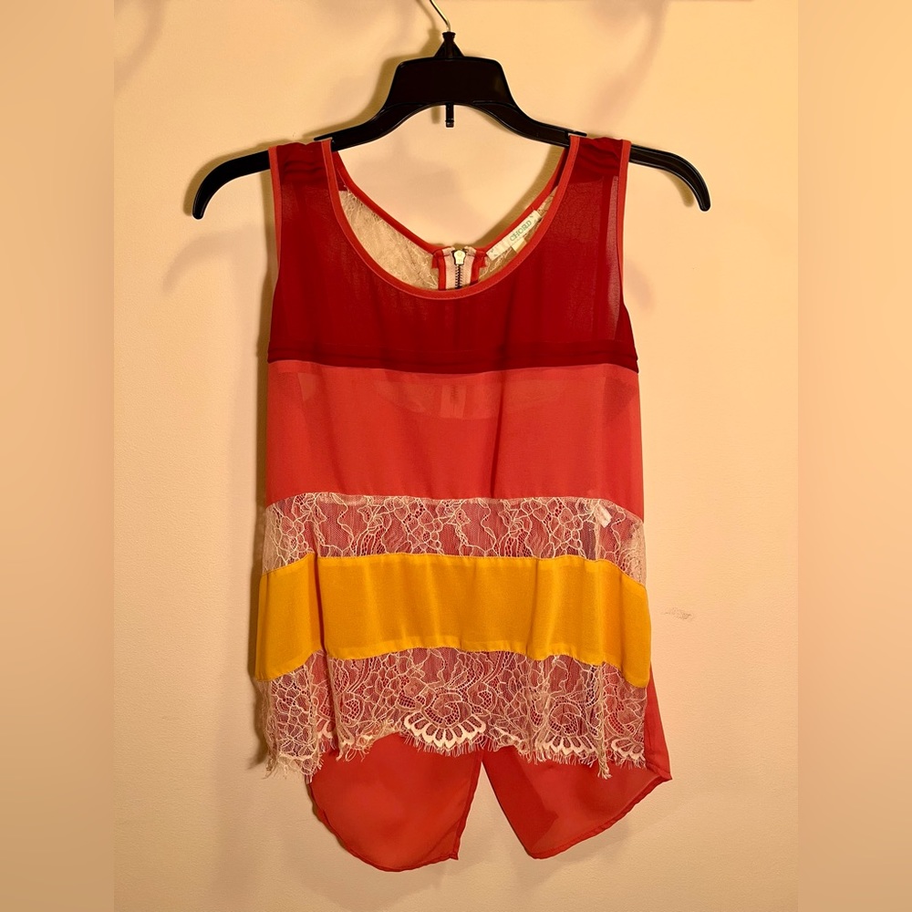 Pink & gold sheer tank top with lace accent